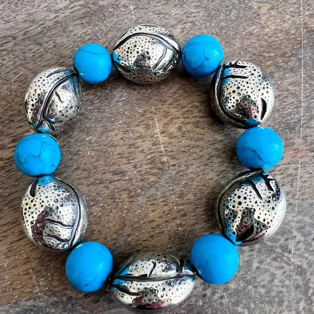 Unique and funky silver and turquoise beaded stretch bracelet